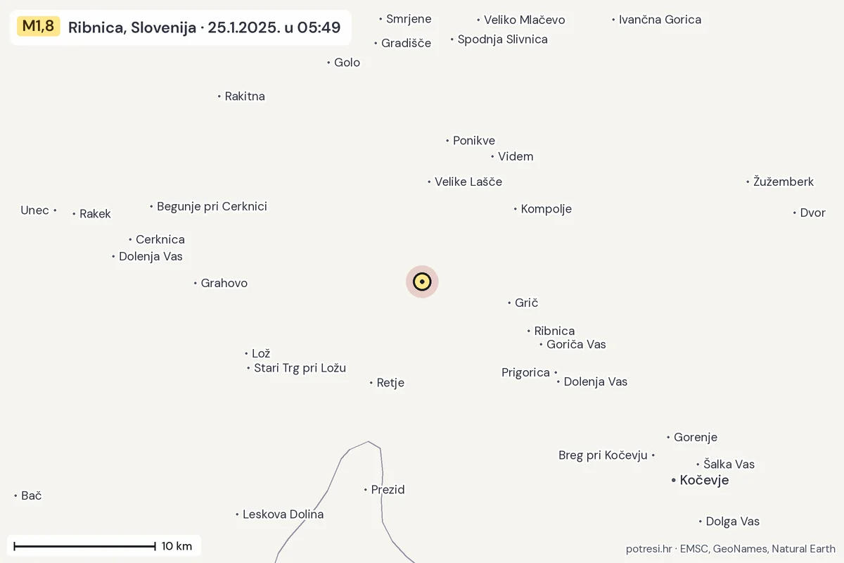 Karta: okolica epicentra, 60 km, potres M1,8, Ribnica, Slovenija, 25.1.2025.