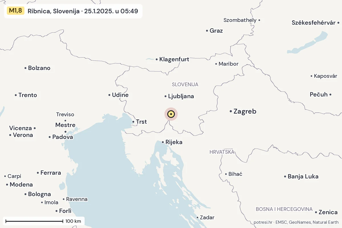 Karta: šire područje, 600 km, potres M1,8, Ribnica, Slovenija, 25.1.2025.