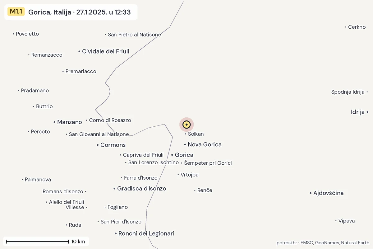 Karta: okolica epicentra, 60 km, potres M1,1, Gorica, Italija, 27.1.2025.