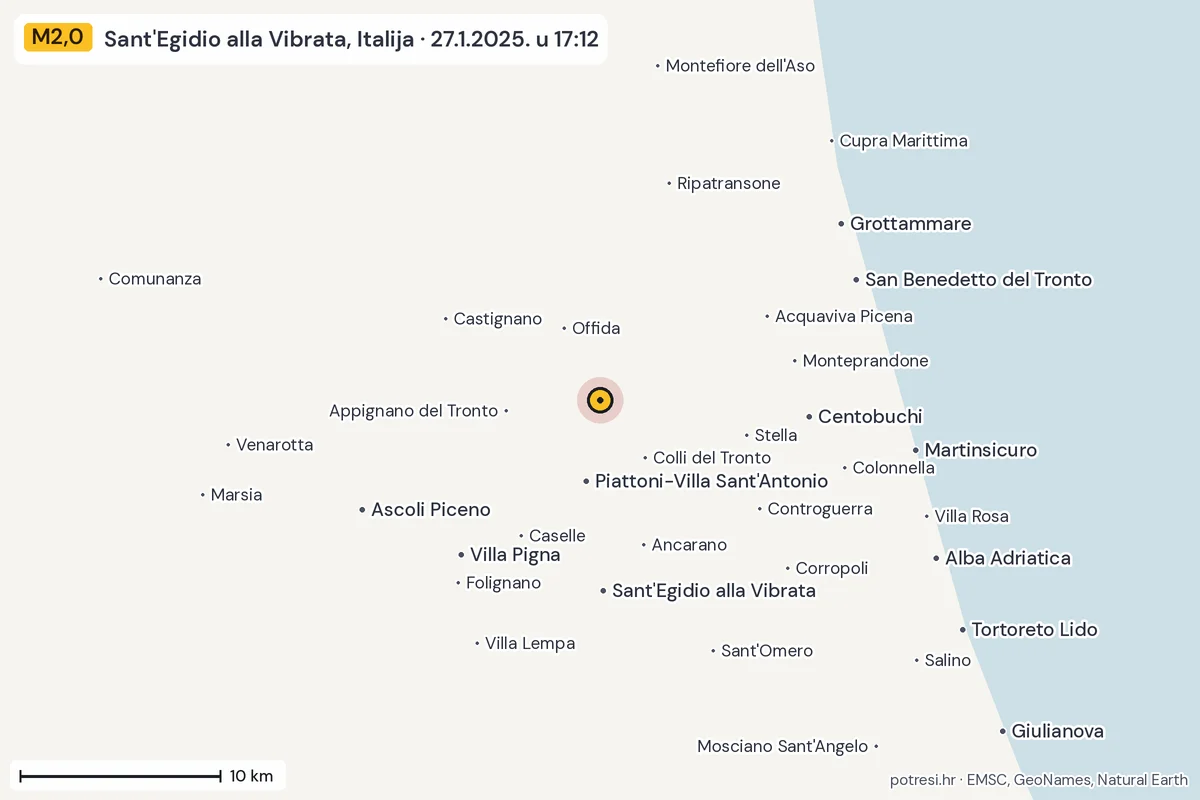 Karta: okolica epicentra, 60 km, potres M2,0, Sant'Egidio alla Vibrata, Italija, 27.1.2025.