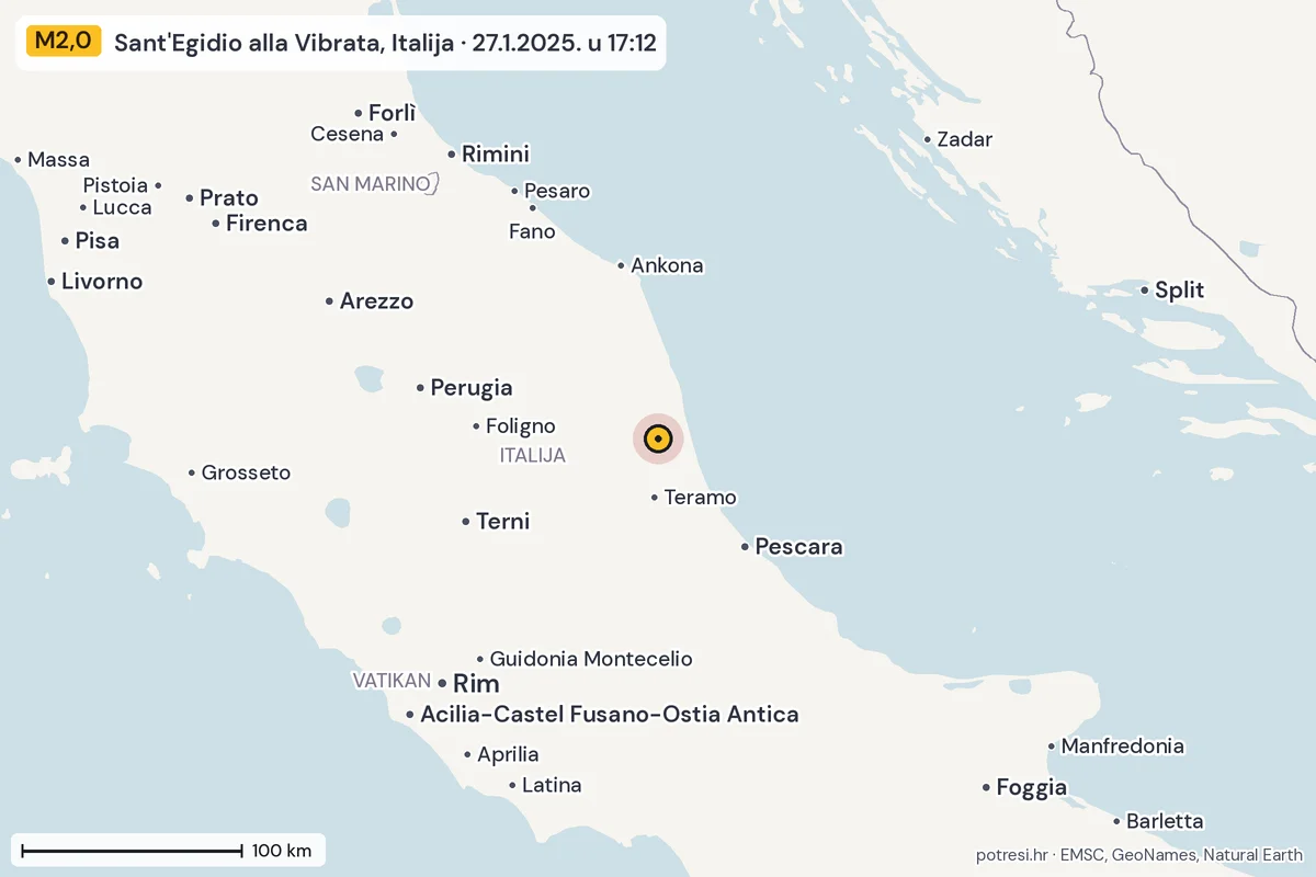Karta: šire područje, 600 km, potres M2,0, Sant'Egidio alla Vibrata, Italija, 27.1.2025.