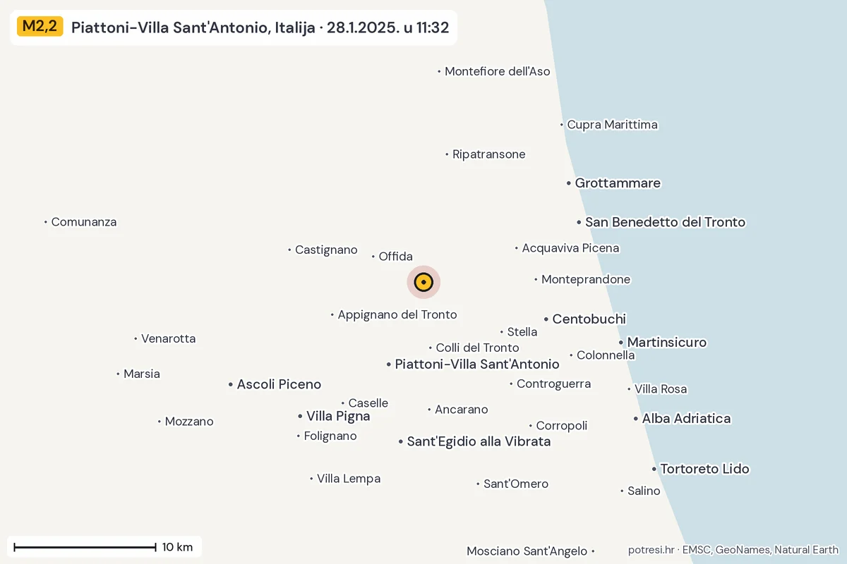 Karta: okolica epicentra, 60 km, potres M2,2, Piattoni-Villa Sant'Antonio, Italija, 28.1.2025.