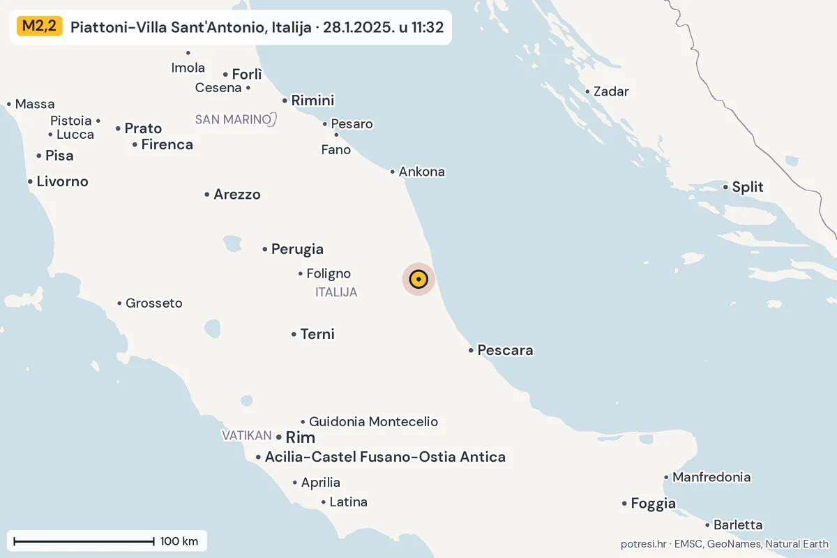 Karta: šire područje, 600 km, potres M2,2, Piattoni-Villa Sant'Antonio, Italija, 28.1.2025.