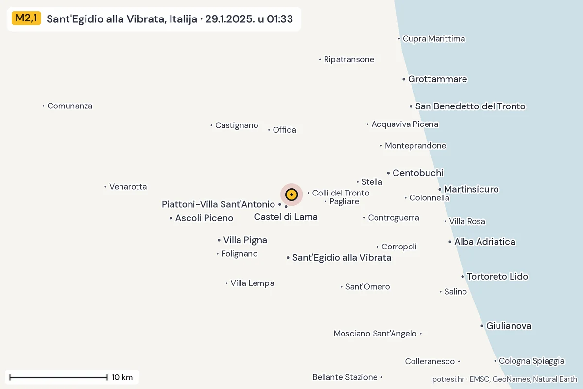 Karta: okolica epicentra, 60 km, potres M2,1, Sant'Egidio alla Vibrata, Italija, 29.1.2025.