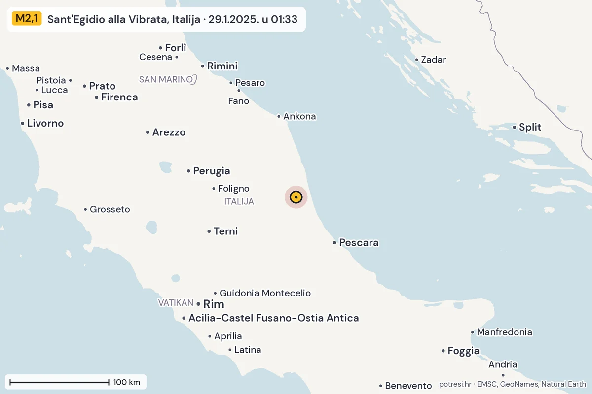 Karta: šire područje, 600 km, potres M2,1, Sant'Egidio alla Vibrata, Italija, 29.1.2025.