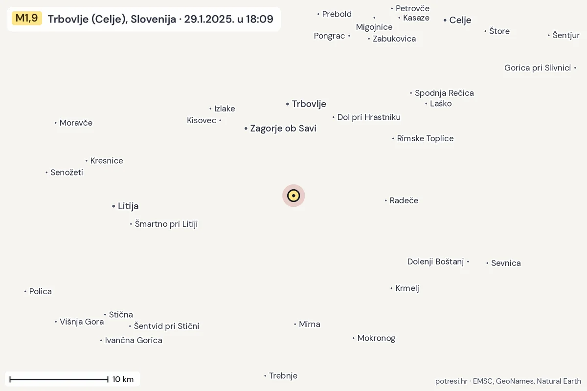 Karta: okolica epicentra, 60 km, potres M1,9, Trbovlje (Celje), Slovenija, 29.1.2025.