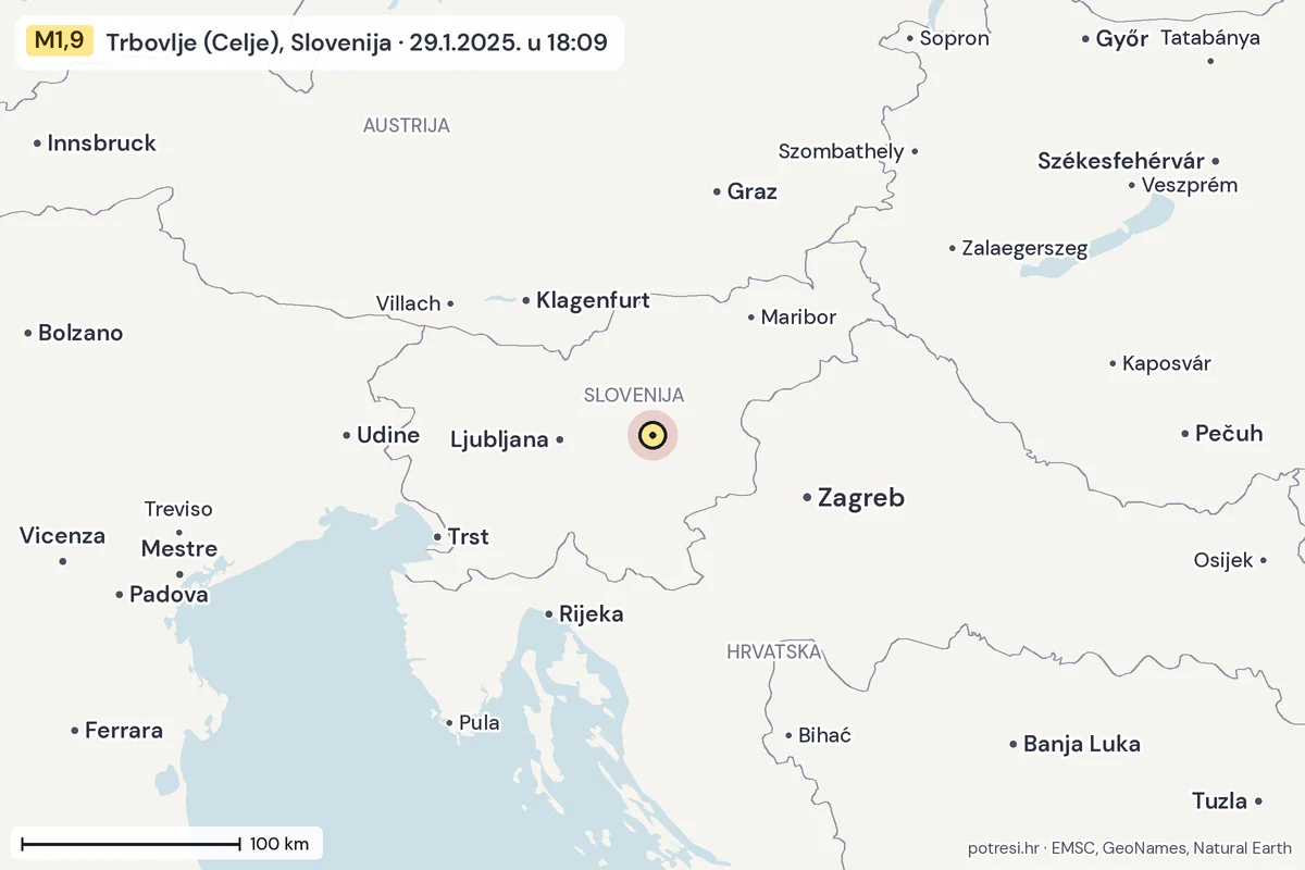 Karta: šire područje, 600 km, potres M1,9, Trbovlje (Celje), Slovenija, 29.1.2025.