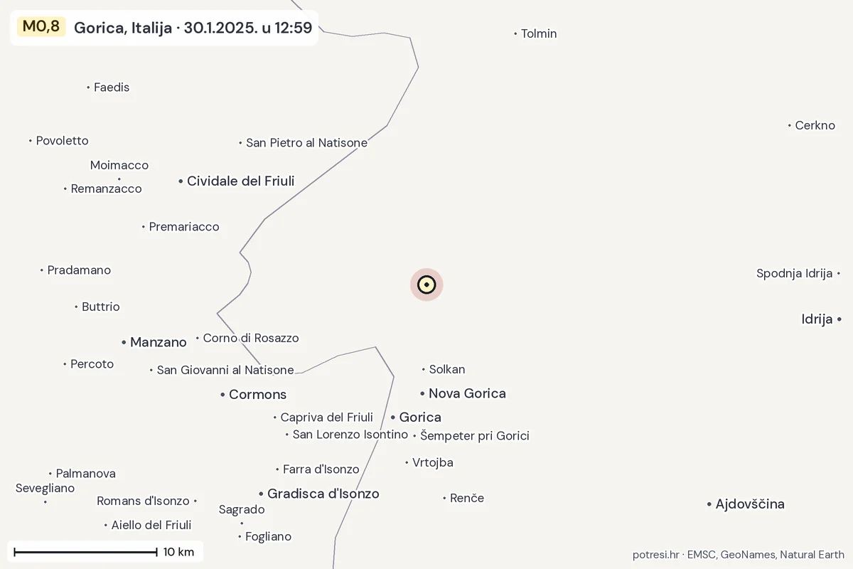 Karta: okolica epicentra, 60 km, potres M0,8, Gorica, Italija, 30.1.2025.