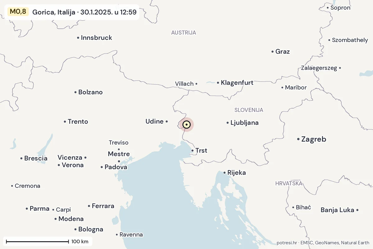 Karta: šire područje, 600 km, potres M0,8, Gorica, Italija, 30.1.2025.