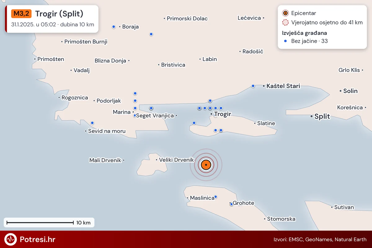 Karta: izvješća građana po jačini, potres M3,2, Trogir (Split), 31.1.2025.