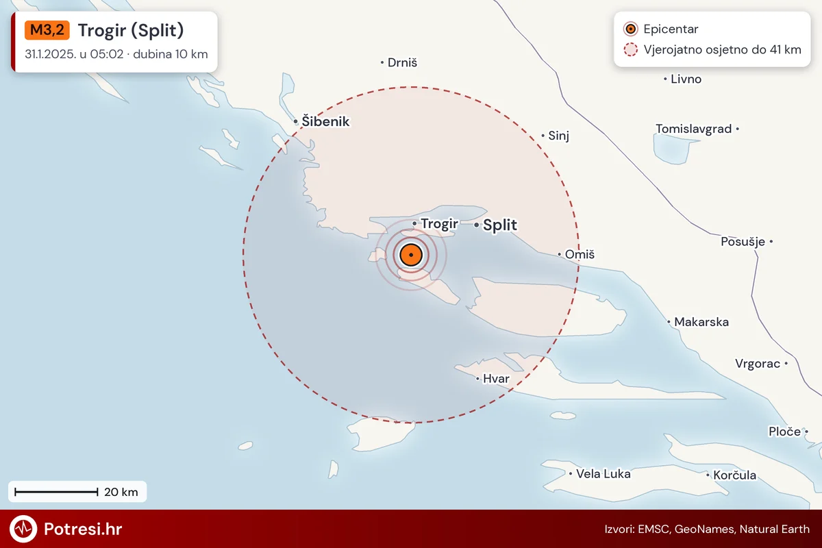 Karta: šire područje i vjerojatni doseg osjeta, potres M3,2, Trogir (Split), 31.1.2025.