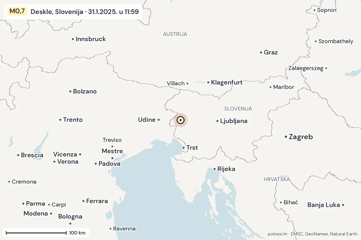 Karta: šire područje, 600 km, potres M0,7, Deskle, Slovenija, 31.1.2025.