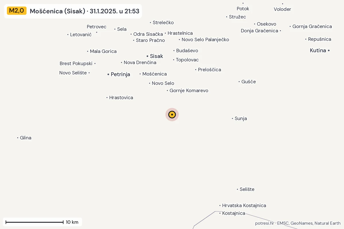 Karta: okolica epicentra, 60 km, potres M2,0, Mošćenica (Sisak), 31.1.2025.