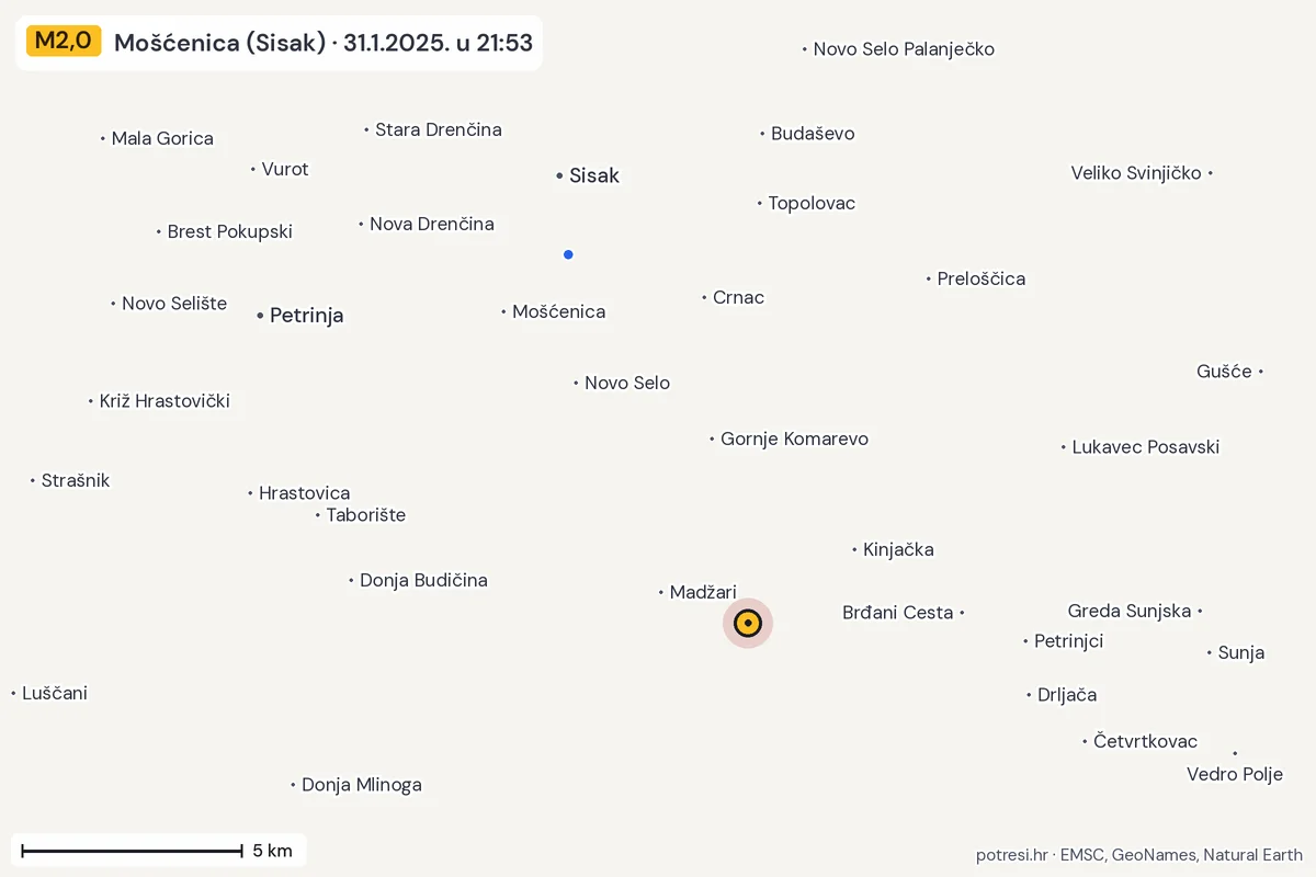 Karta: izvješća građana, potres M2,0, Mošćenica (Sisak), 31.1.2025.