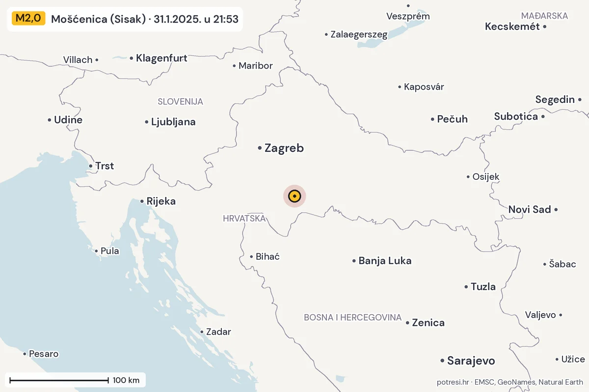 Karta: šire područje, 600 km, potres M2,0, Mošćenica (Sisak), 31.1.2025.