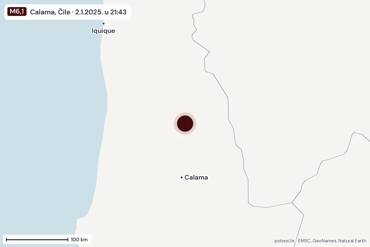 Karta: šire područje, 600 km, potres M6,1, Calama, Čile, 2.1.2025.
