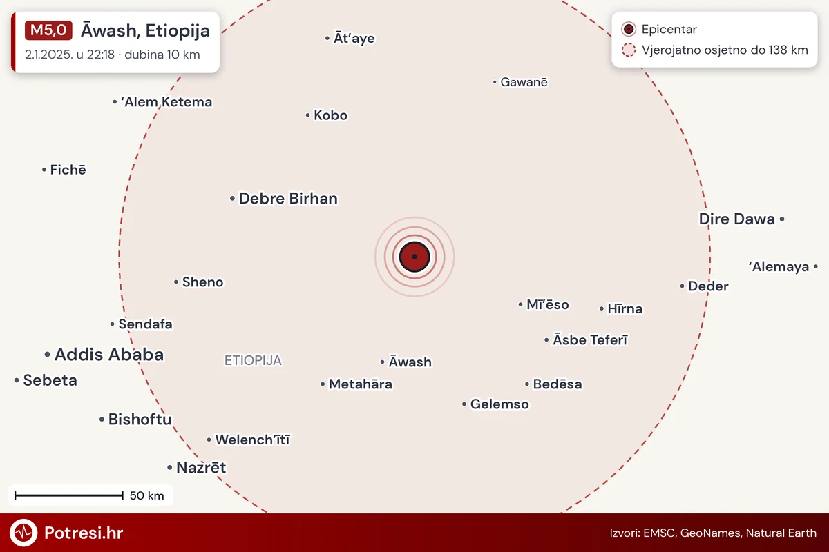 Karta: šire područje i vjerojatni doseg osjeta, potres M5,0, Āwash, Etiopija, 2.1.2025.