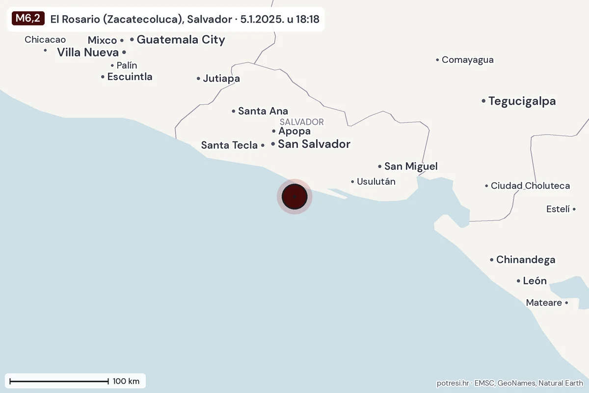 Karta: šire područje, 600 km, potres M6,2, El Rosario (Zacatecoluca), Salvador, 5.1.2025.