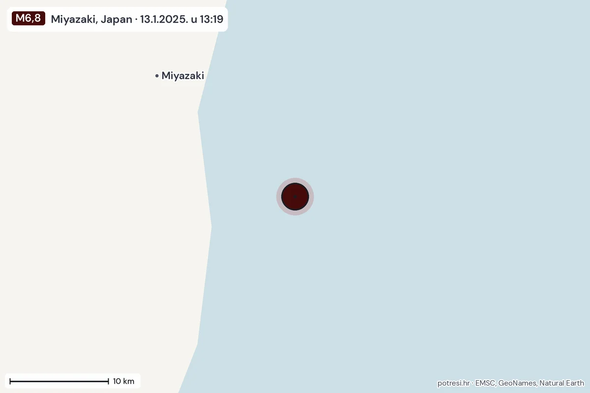 Karta: okolica epicentra, 60 km, potres M6,8, Miyazaki, Japan, 13.1.2025.