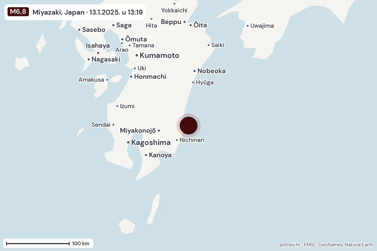Karta: šire područje, 600 km, potres M6,8, Miyazaki, Japan, 13.1.2025.