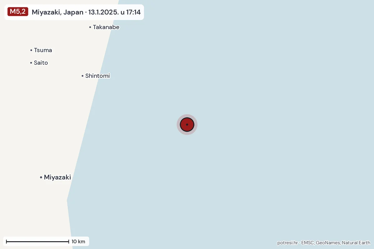 Karta: okolica epicentra, 60 km, potres M5,2, Miyazaki, Japan, 13.1.2025.