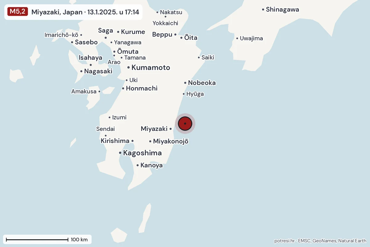 Karta: šire područje, 600 km, potres M5,2, Miyazaki, Japan, 13.1.2025.