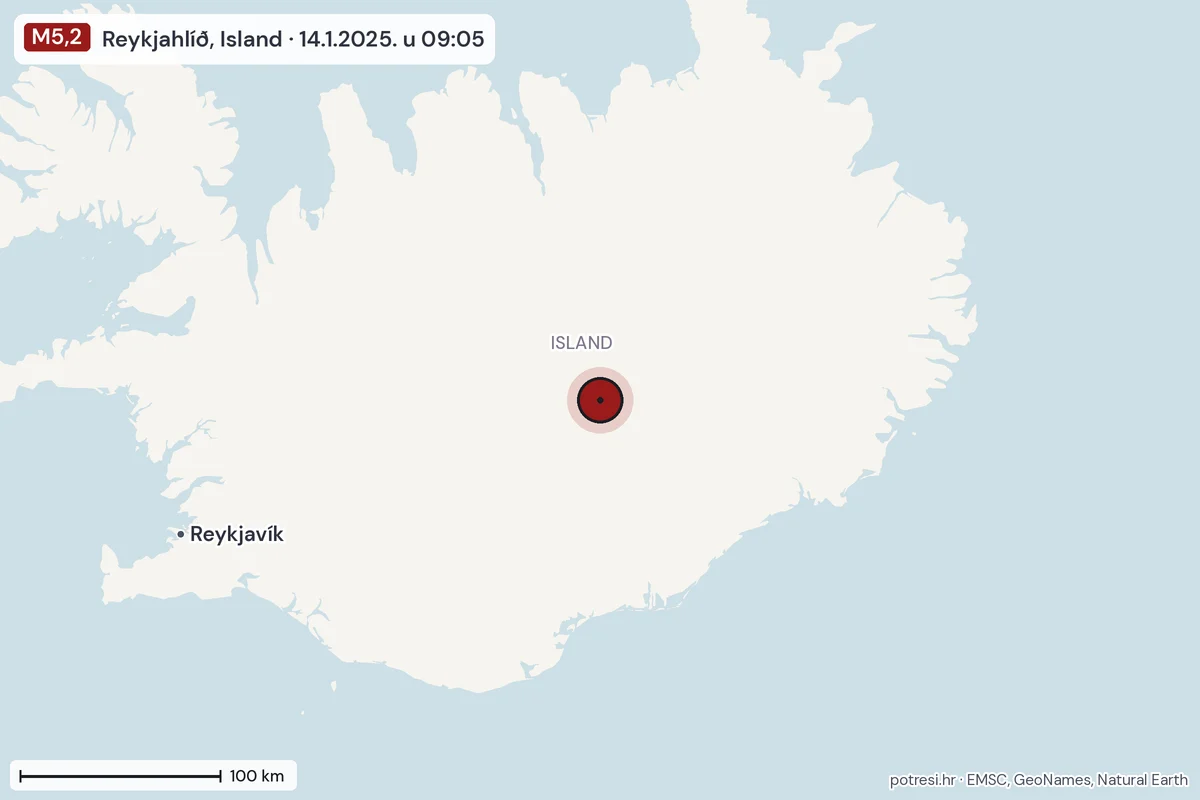 Karta: šire područje, 600 km, potres M5,2, Reykjahlíð, Island, 14.1.2025.