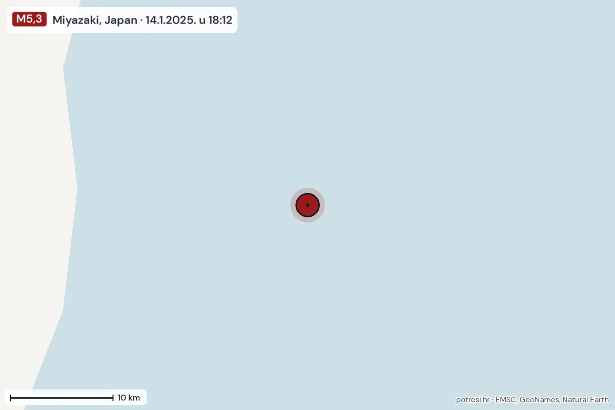Karta: okolica epicentra, 60 km, potres M5,3, Miyazaki, Japan, 14.1.2025.