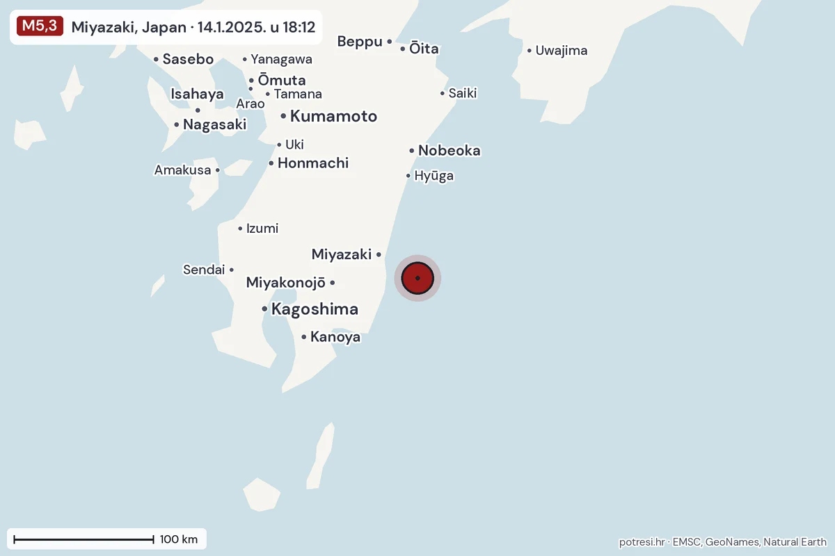 Karta: šire područje, 600 km, potres M5,3, Miyazaki, Japan, 14.1.2025.