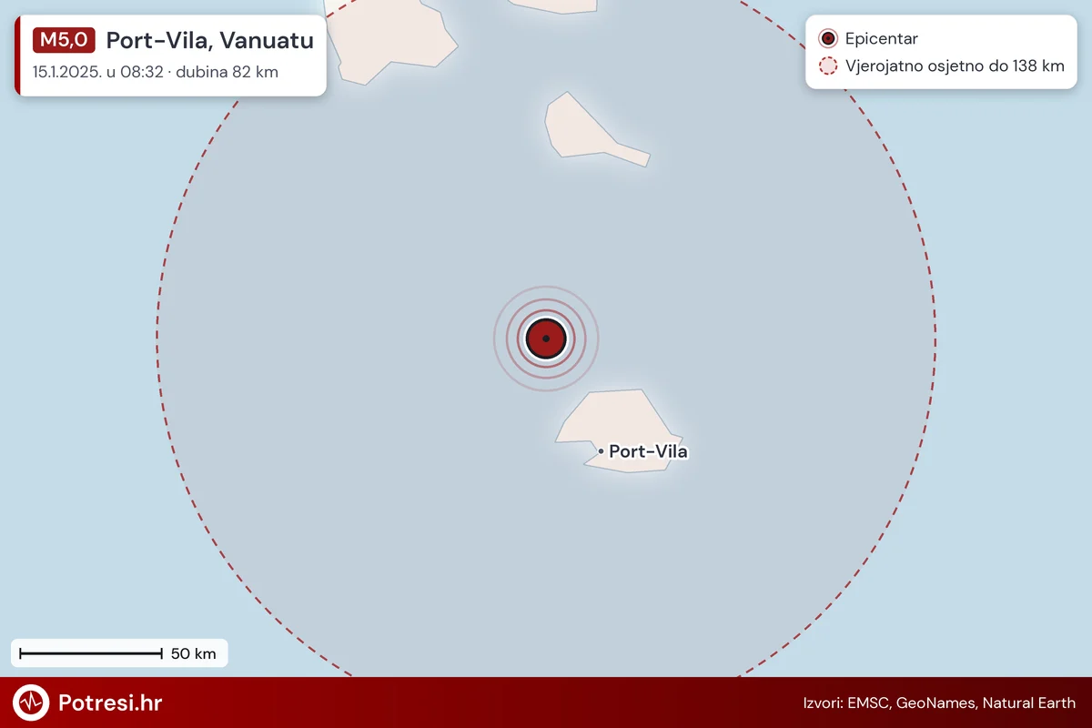 Karta: šire područje i vjerojatni doseg osjeta, potres M5,0, Port-Vila, Vanuatu, 15.1.2025.