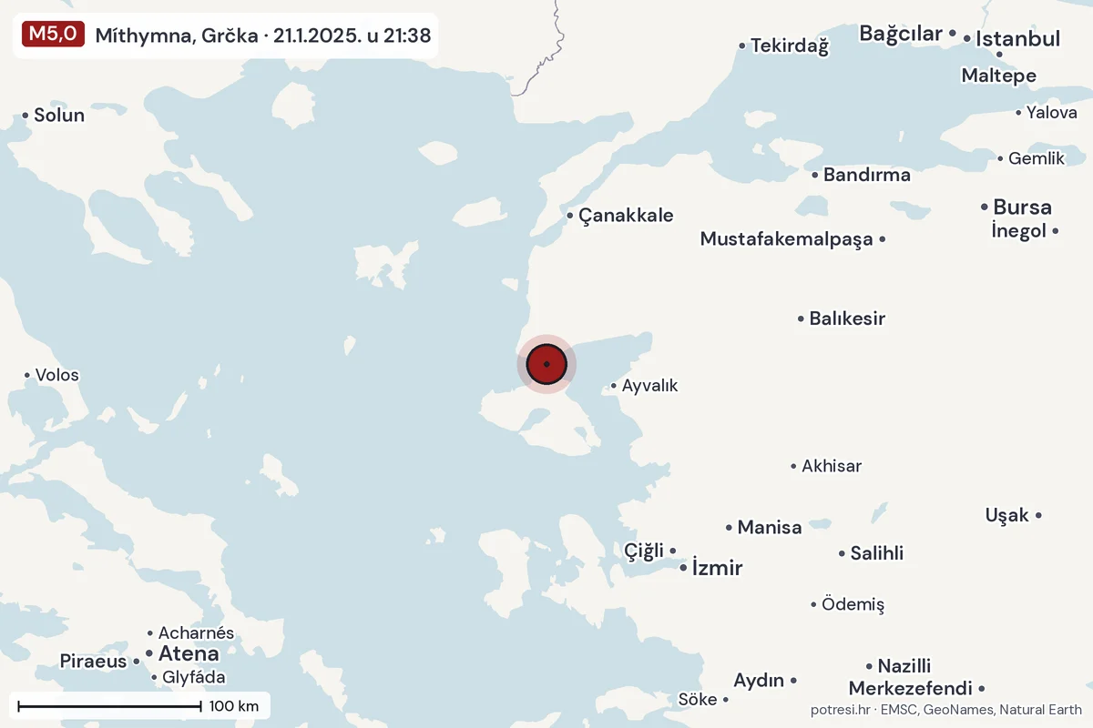 Karta: šire područje, 600 km, potres M5,0, Míthymna, Grčka, 21.1.2025.