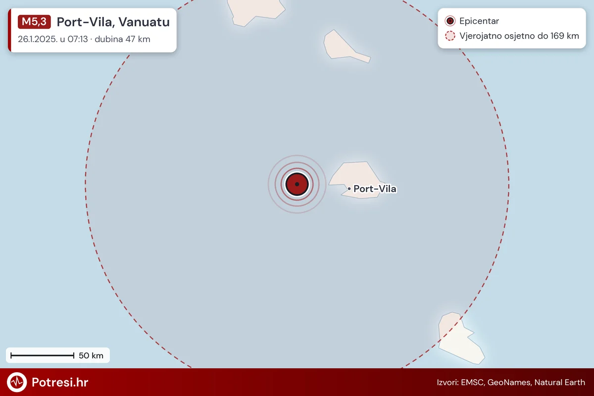 Karta: šire područje i vjerojatni doseg osjeta, potres M5,3, Port-Vila, Vanuatu, 26.1.2025.