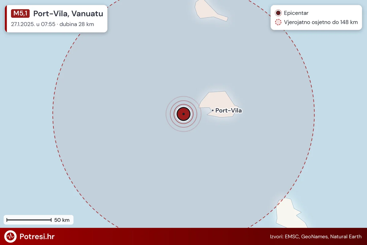 Karta: šire područje i vjerojatni doseg osjeta, potres M5,1, Port-Vila, Vanuatu, 27.1.2025.