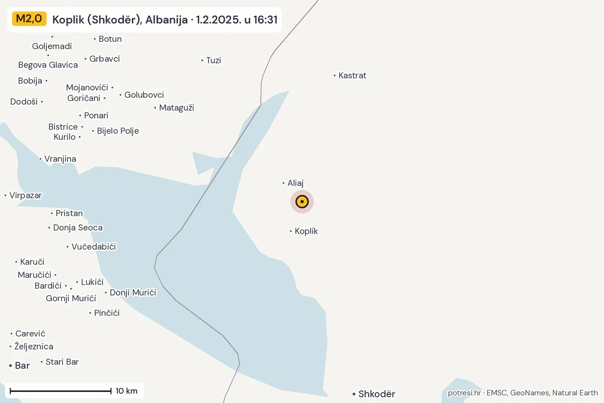 Karta: okolica epicentra, 60 km, potres M2,0, Koplik (Shkodër), Albanija, 1.2.2025.