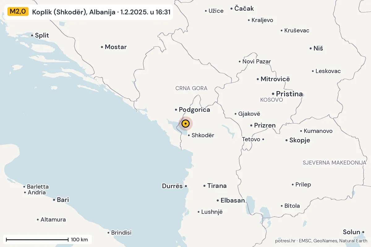 Karta: šire područje, 600 km, potres M2,0, Koplik (Shkodër), Albanija, 1.2.2025.