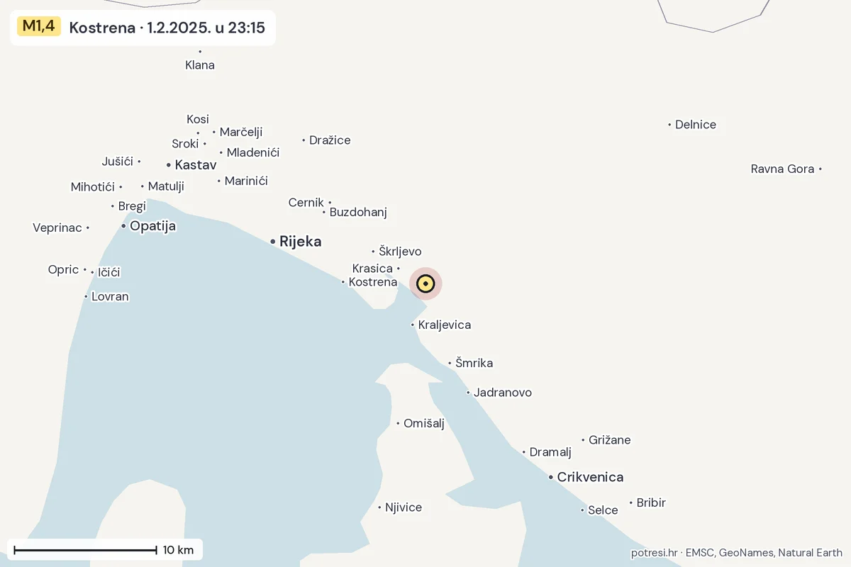 Karta: okolica epicentra, 60 km, potres M1,4, Kostrena, 1.2.2025.