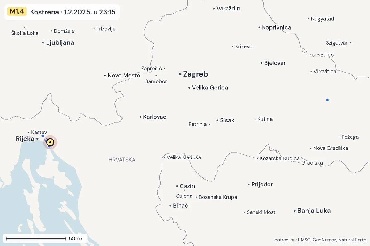 Karta: izvješća građana, potres M1,4, Kostrena, 1.2.2025.
