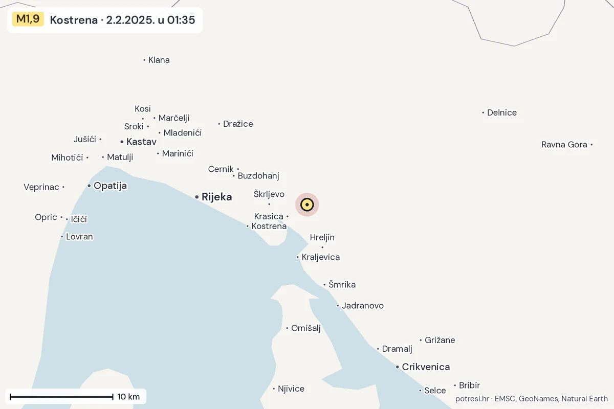 Karta: okolica epicentra, 60 km, potres M1,9, Kostrena, 2.2.2025.