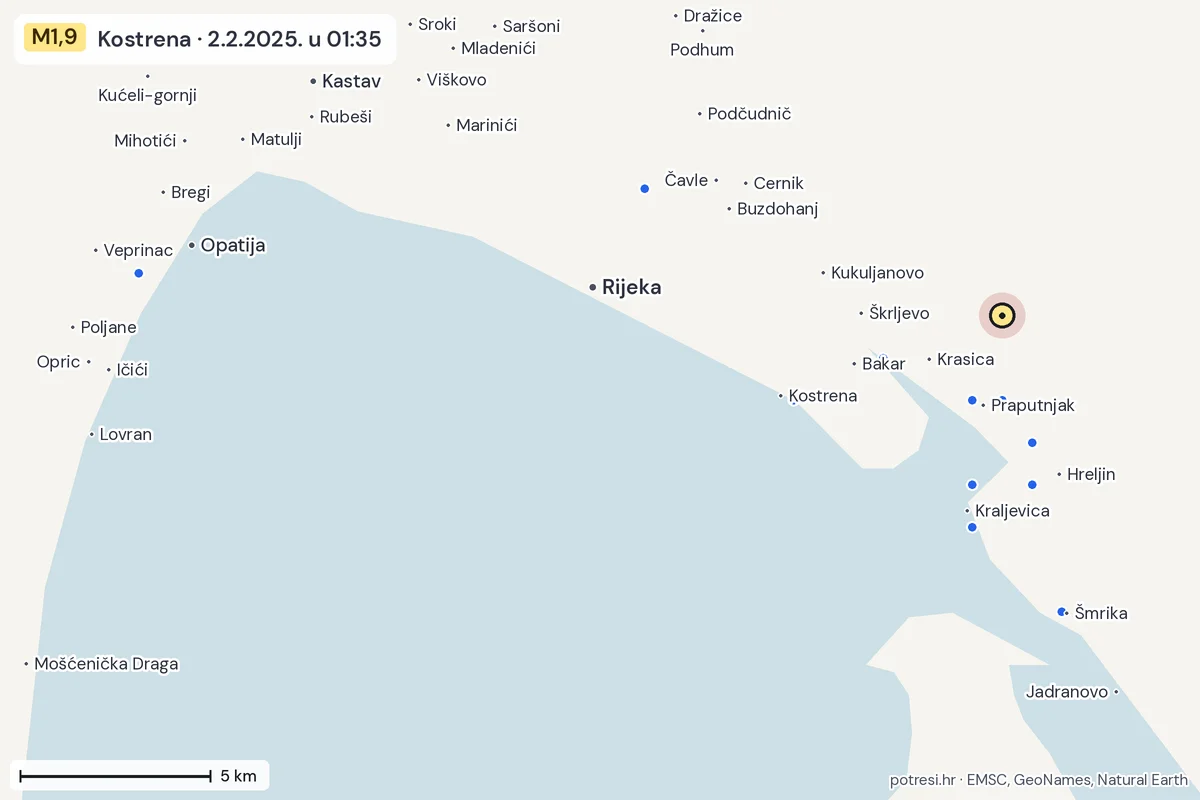 Karta: izvješća građana, potres M1,9, Kostrena, 2.2.2025.