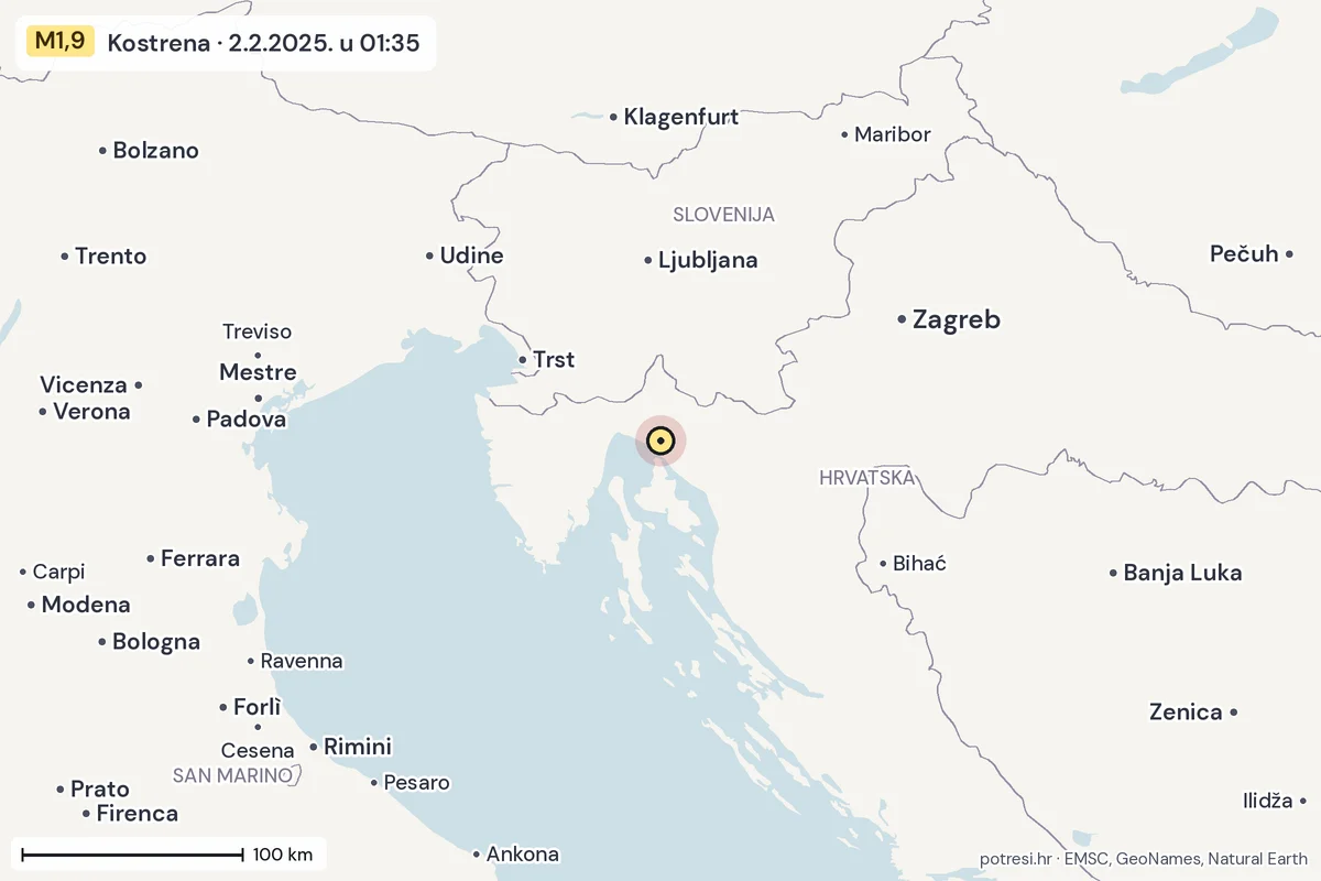 Karta: šire područje, 600 km, potres M1,9, Kostrena, 2.2.2025.
