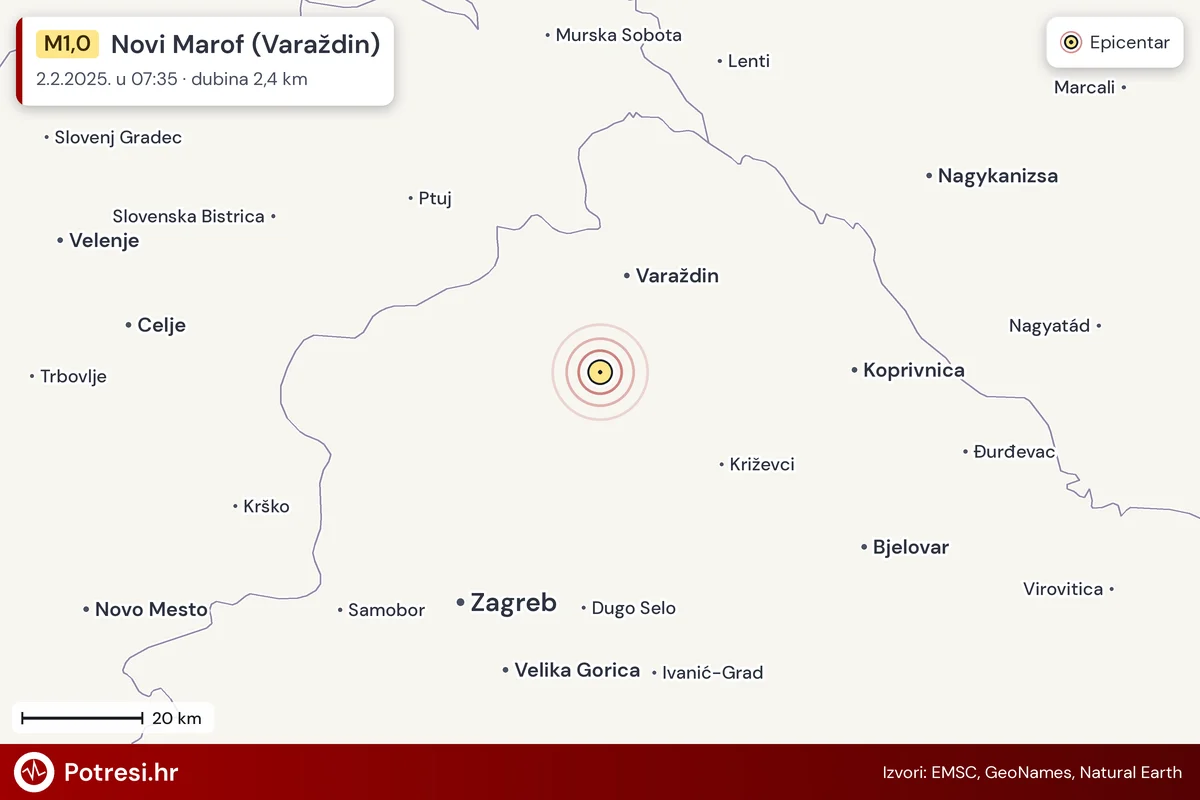 Karta: šire područje i vjerojatni doseg osjeta, potres M1,0, Novi Marof (Varaždin), 2.2.2025.