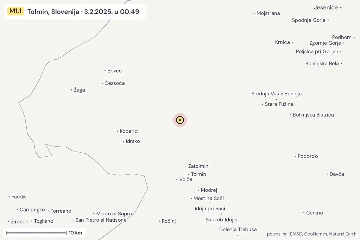Karta: okolica epicentra, 60 km, potres M1,1, Tolmin, Slovenija, 3.2.2025.