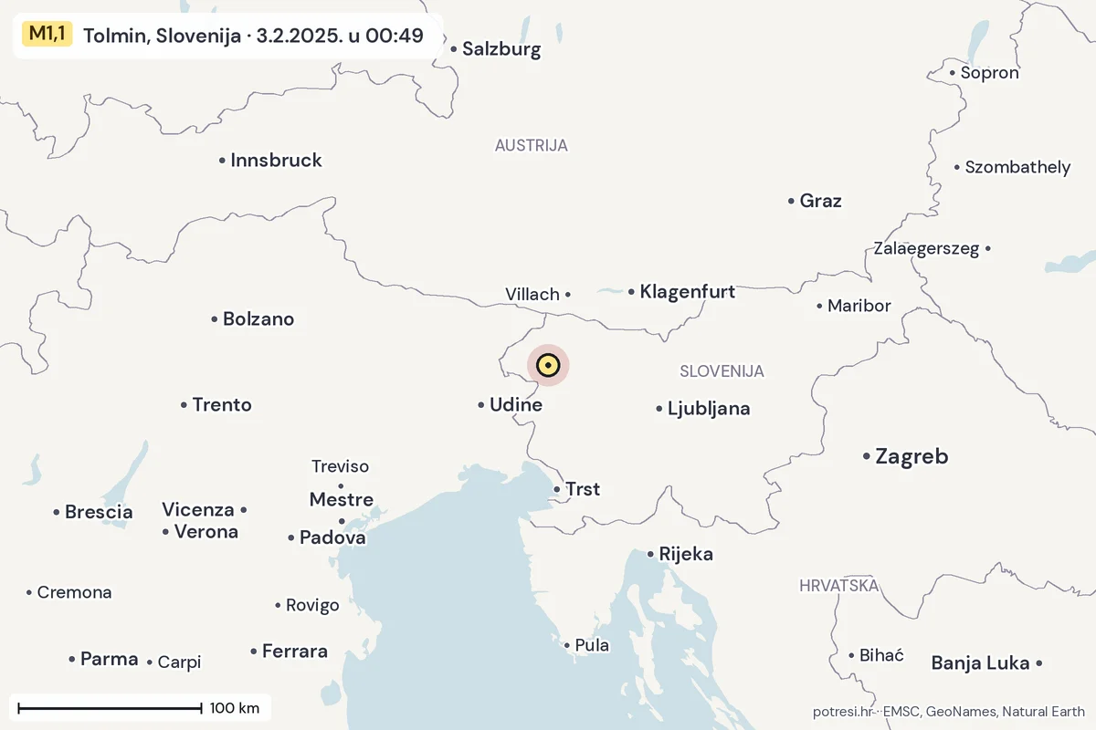 Karta: šire područje, 600 km, potres M1,1, Tolmin, Slovenija, 3.2.2025.