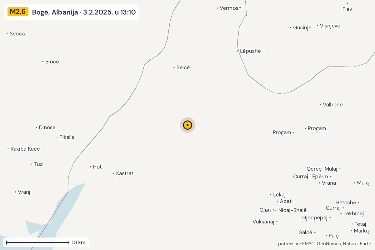 Karta: okolica epicentra, 60 km, potres M2,6, Bogë, Albanija, 3.2.2025.
