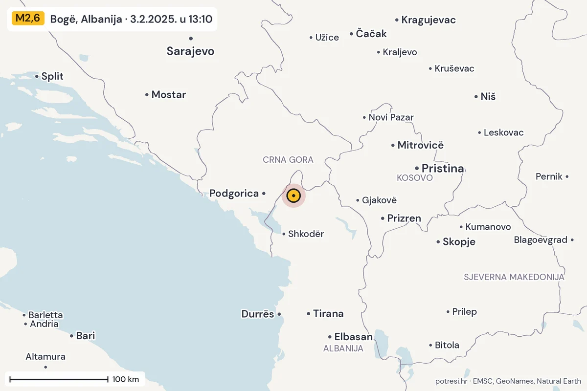 Karta: šire područje, 600 km, potres M2,6, Bogë, Albanija, 3.2.2025.