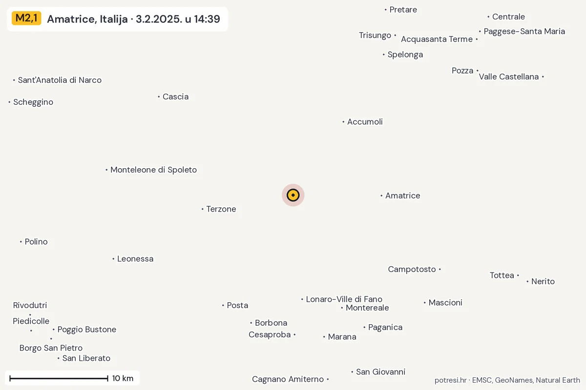 Karta: okolica epicentra, 60 km, potres M2,1, Amatrice, Italija, 3.2.2025.