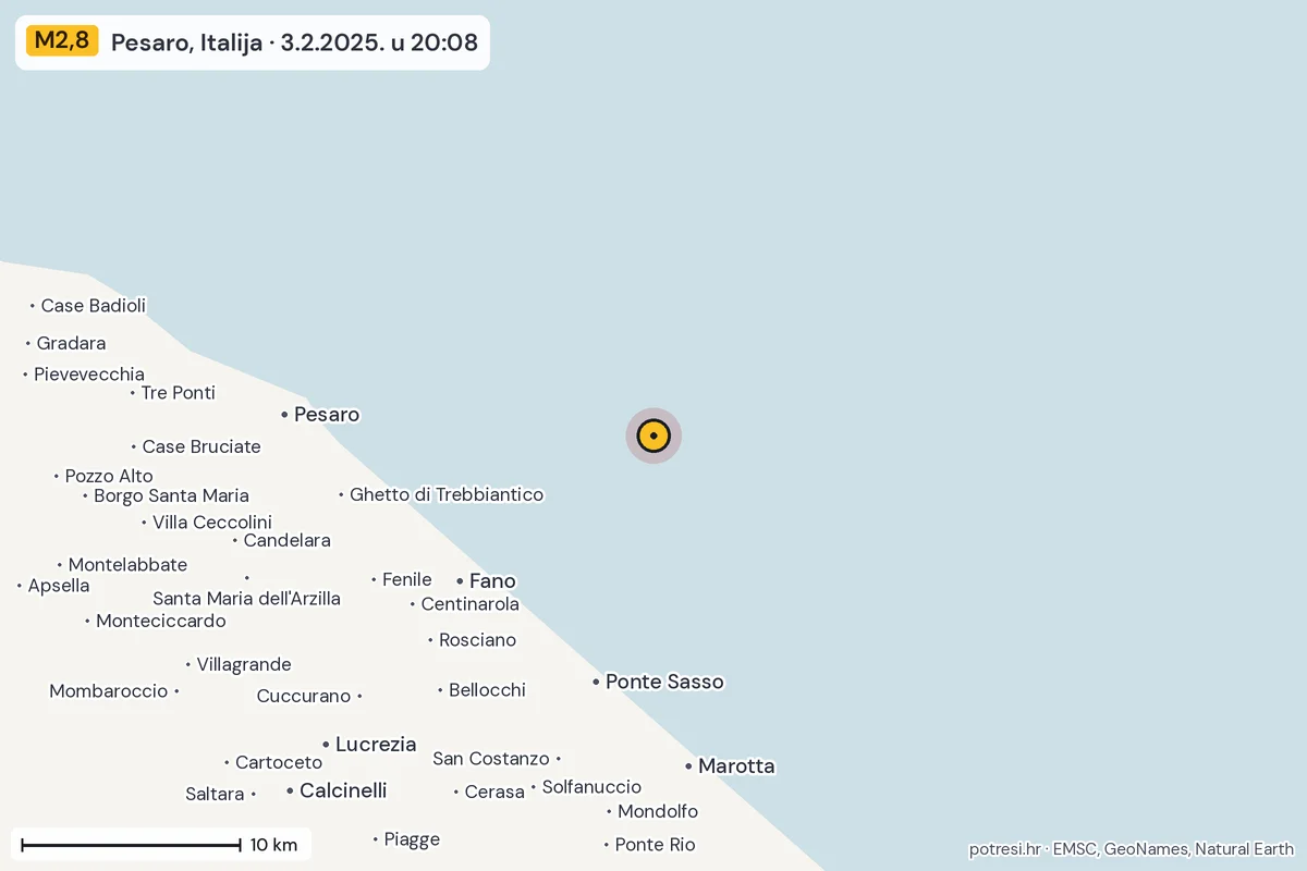 Karta: okolica epicentra, 60 km, potres M2,8, Pesaro, Italija, 3.2.2025.