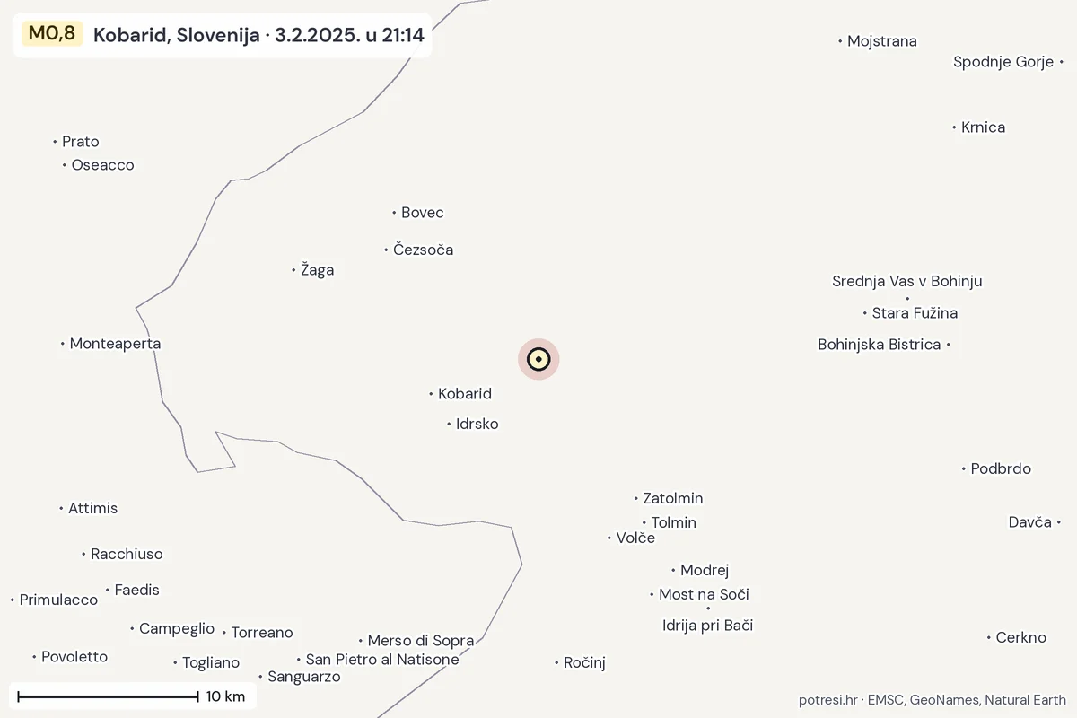 Karta: okolica epicentra, 60 km, potres M0,8, Kobarid, Slovenija, 3.2.2025.