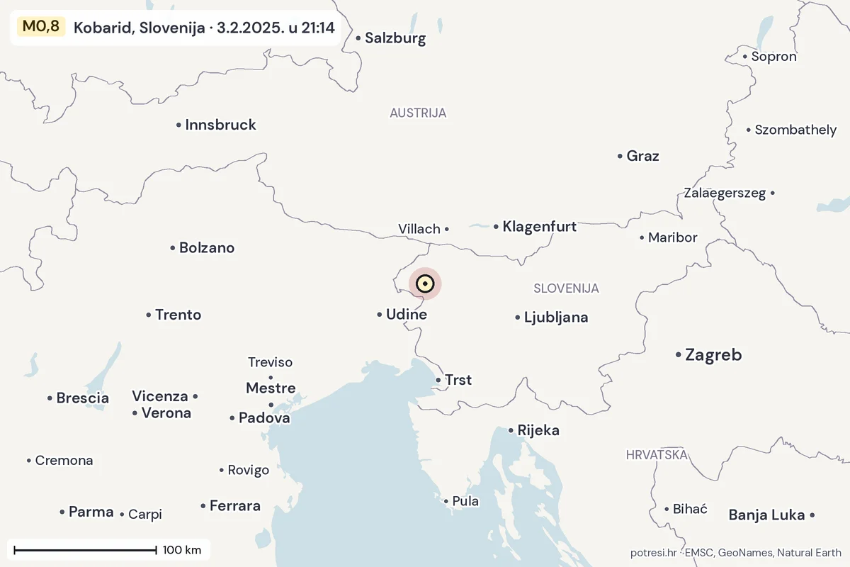 Karta: šire područje, 600 km, potres M0,8, Kobarid, Slovenija, 3.2.2025.