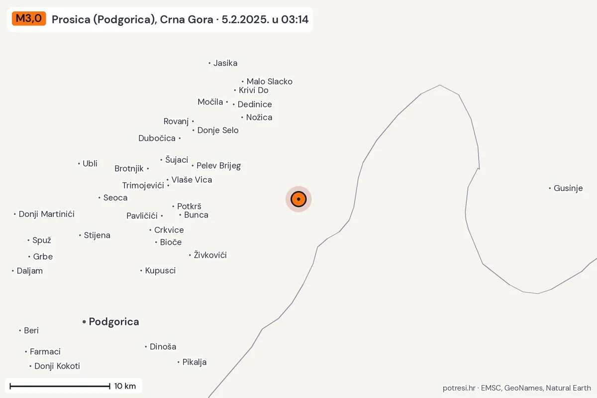 Karta: okolica epicentra, 60 km, potres M3,0, Prosica (Podgorica), Crna Gora, 5.2.2025.